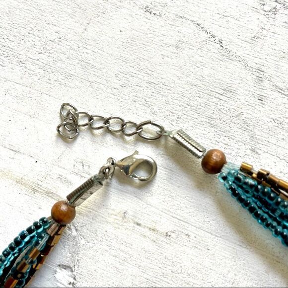 Blue and gold beaded multi strand wood pendant necklace - Picture 8 of 10